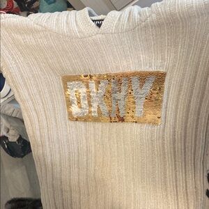 DKNY Cream Hoodie with Gold Sequin Logo my email is tstephanie388@gmail.com